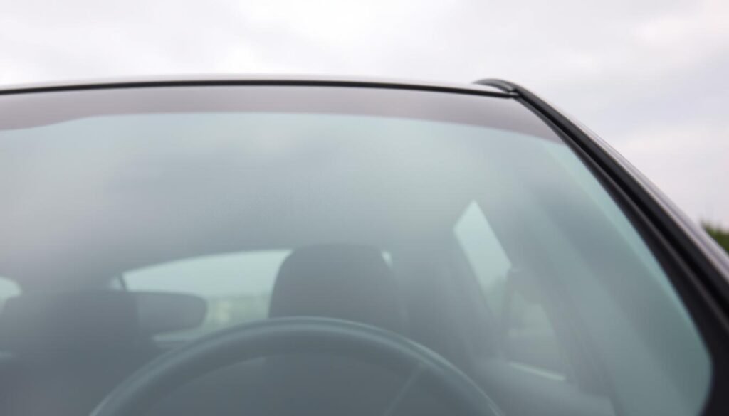 A close-up view of a car windshield with a semi-transparent film applied, creating a subtle, muted tinting effect. The film covers the entire windshield, softening the harsh glare of the sun and reducing the intensity of the light passing through. The scene is captured in a natural, daylit setting, with a slightly overcast sky providing gentle, diffused illumination. The angle of the shot emphasizes the smooth, seamless integration of the film into the windshield, giving the impression of a factory-installed feature. The overall mood is one of functional sophistication and environmental harmony, reflecting the protective yet discreet nature of the authorized window tinting.