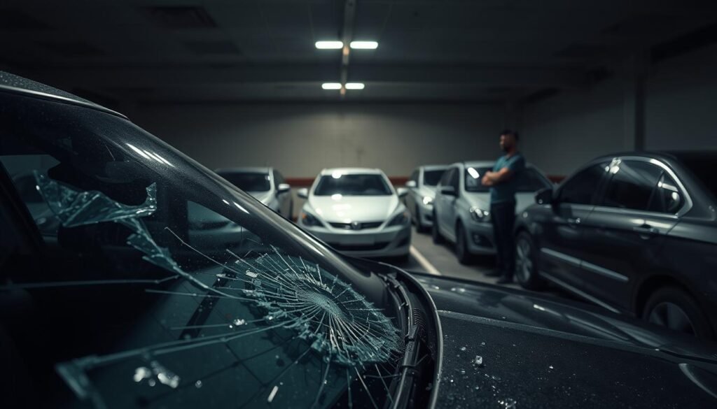 A dreary, dimly-lit parking lot with faded, peeling tinted windows on parked cars. In the foreground, a cracked and damaged windshield, the result of poorly installed, low-quality window film. Shards of glass lie scattered, hinting at the consequences of an irregular, unsafe installation. The middle ground shows several vehicles with uneven, discolored tints, a visual warning of the risks of using unlicensed or substandard window film. In the background, a lone figure stands beside a car, arms crossed, conveying a sense of frustration and regret. The overall mood is one of caution, highlighting the importance of using only approved, professionally-installed window tinting solutions.